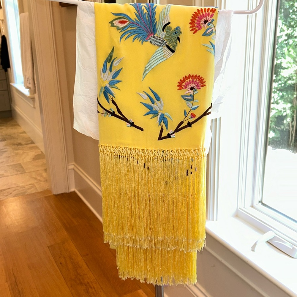 Yellow silk Carlisle shawl with embroidered detail